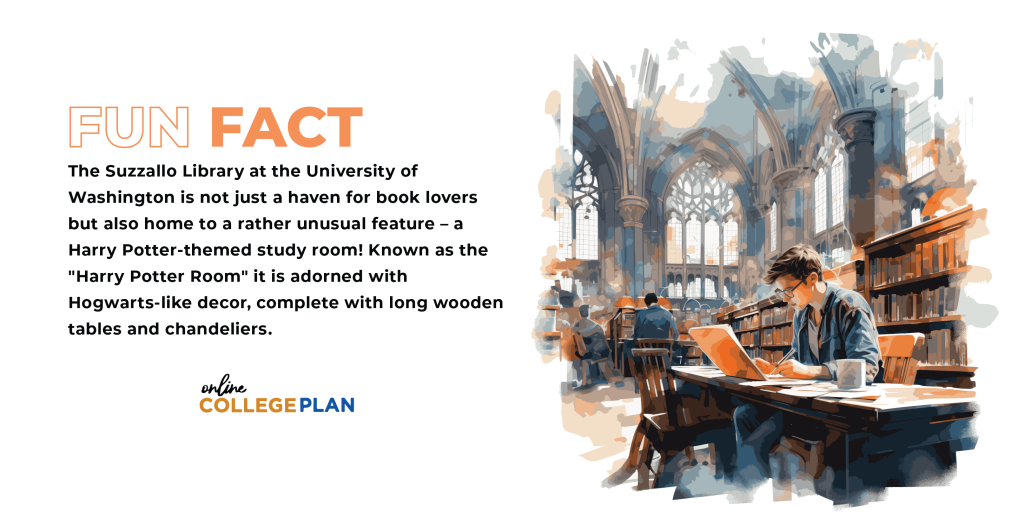 Fun Fact: The Suzzallo Library at the University of Washington is not just a haven for book lovers. It is also home to a rather unusual feature – a Harry Potter-themed study room! Known as the “Harry Potter Room” it is adorned with Hogwarts-like decor, complete with long wooden tables and chandeliers. An incredible take on great campus facilities.