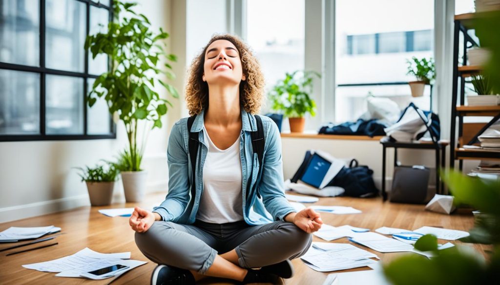 an image of a student sitting cross-legged with closed eyes, taking deep breaths to practice mindfulness for college students