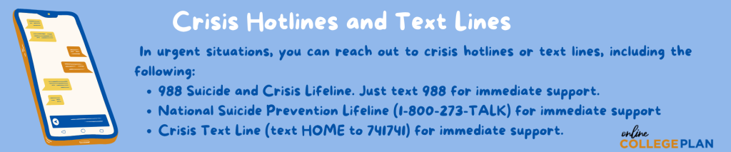 An infographic with crisis hotlines and phone numbers to help students take care of their mental health in college