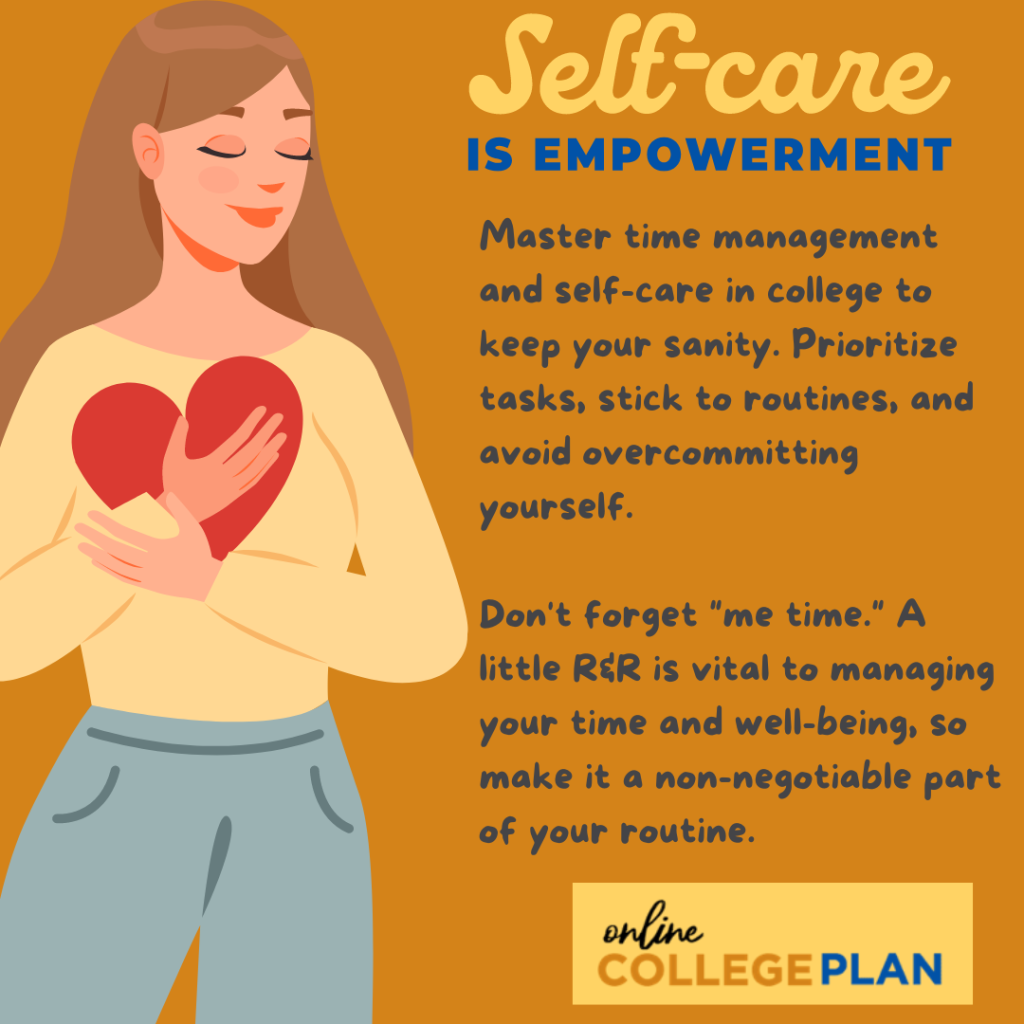An infographic about how self-care can be an important part of keeping up with physical and mental health in college