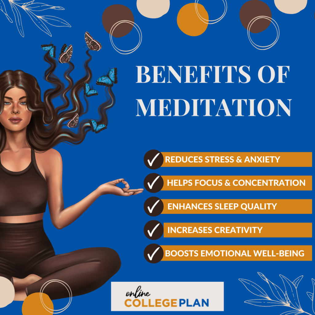 An infographic on the benefits of meditation as part of a series of tips on mindfulness for college students