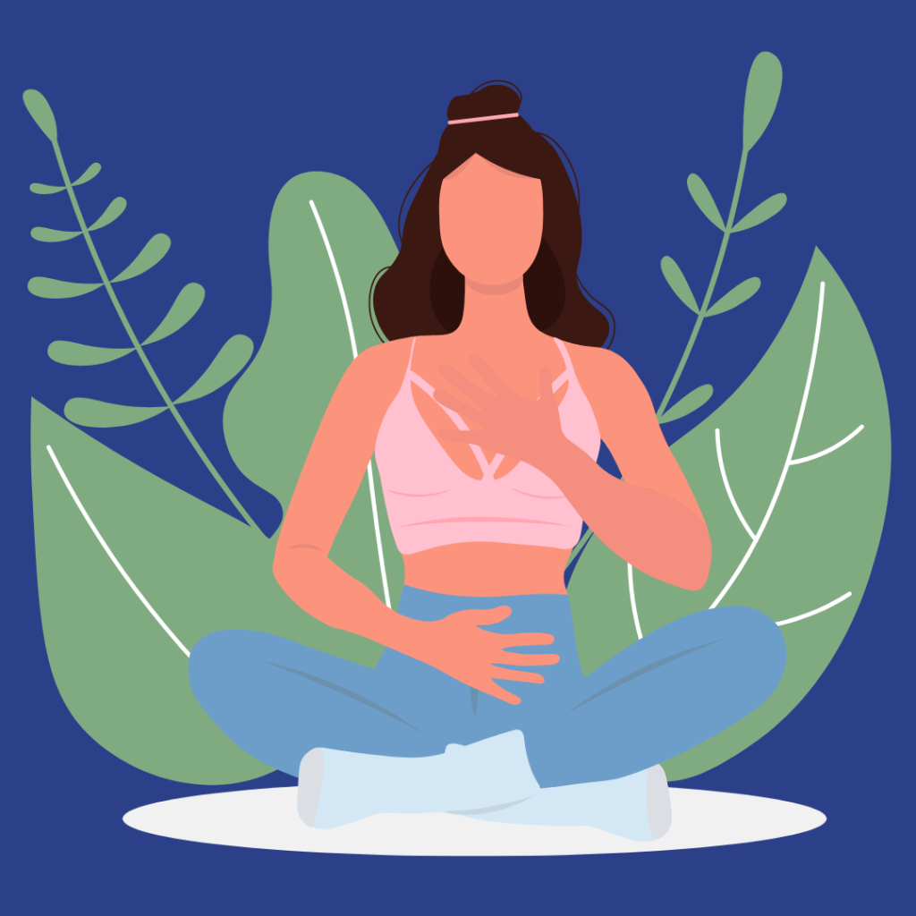 A graphic of a female college student meditating to illustrate some stress-relieving EI skills for college students.