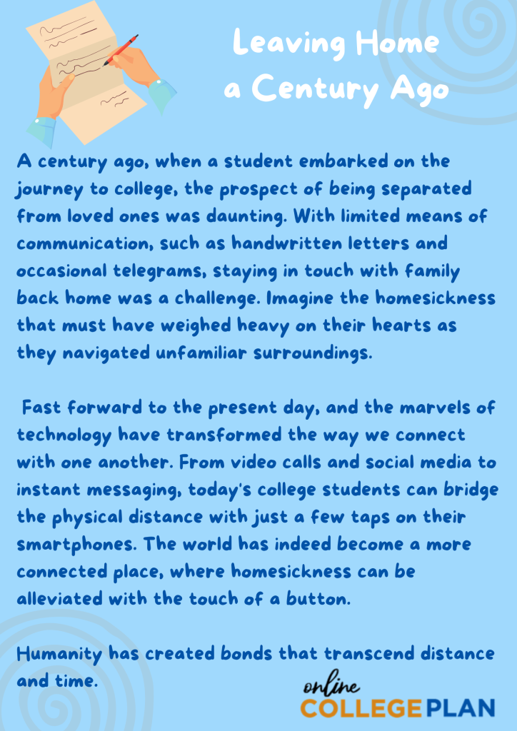 An infographic story about what life must have been like for students leaving home and having very limited to ways to keep in touch with their families during college.