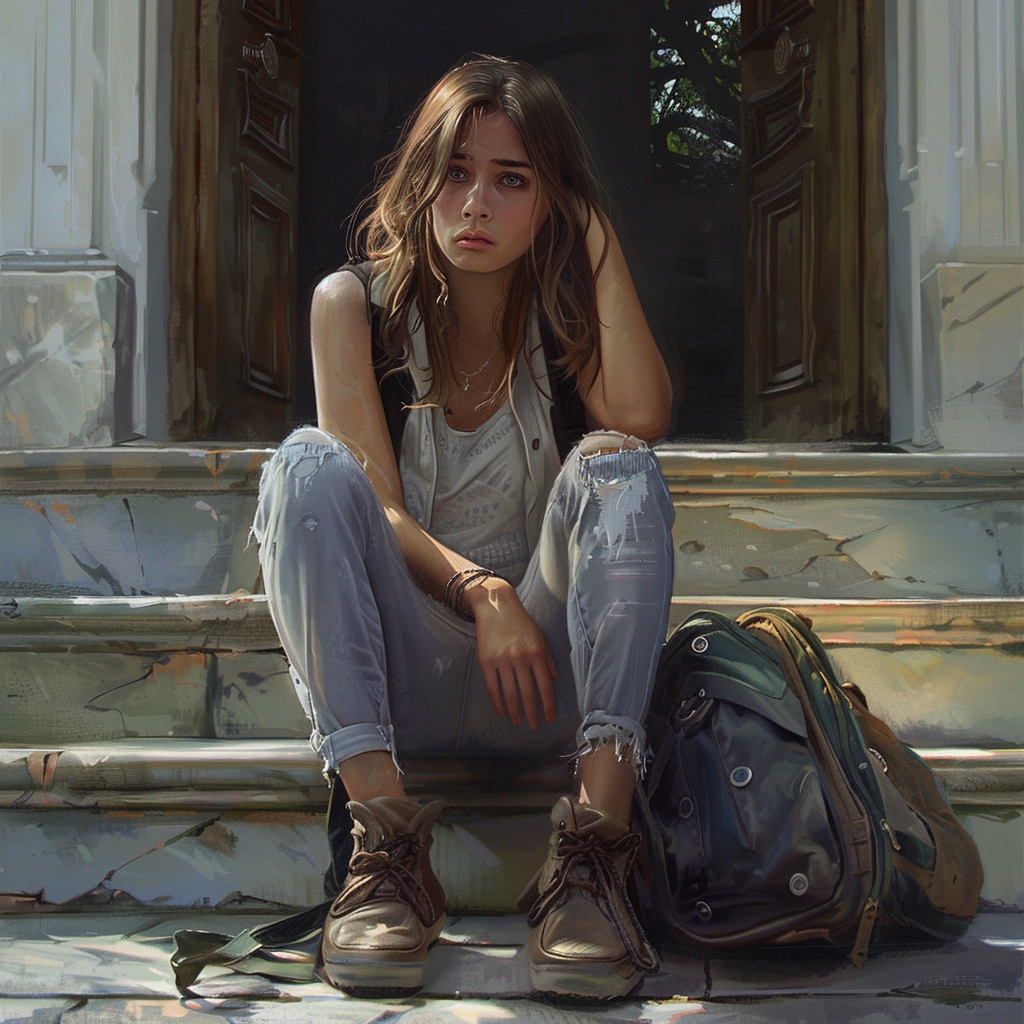A girl sitting on the steps of a college building. She is looking off into the distance and feeling like she will not be able to overcome her longing for home. The article is about college homesickness tips. 